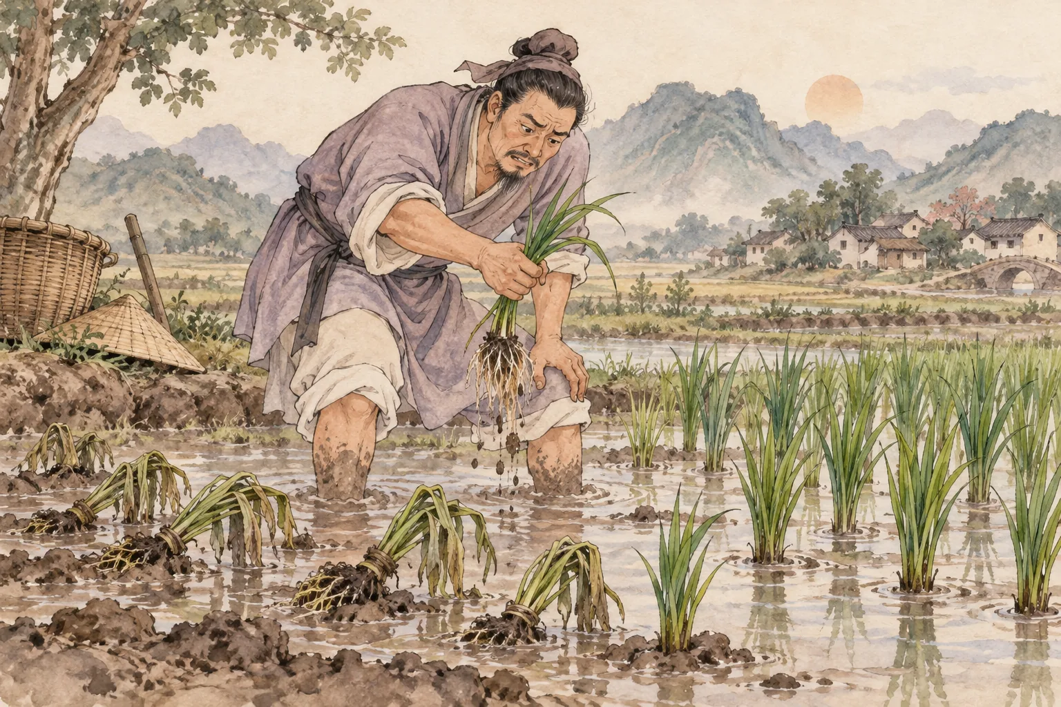 Nông dân kéo cây mạ lên, rễ bật khỏi đất.