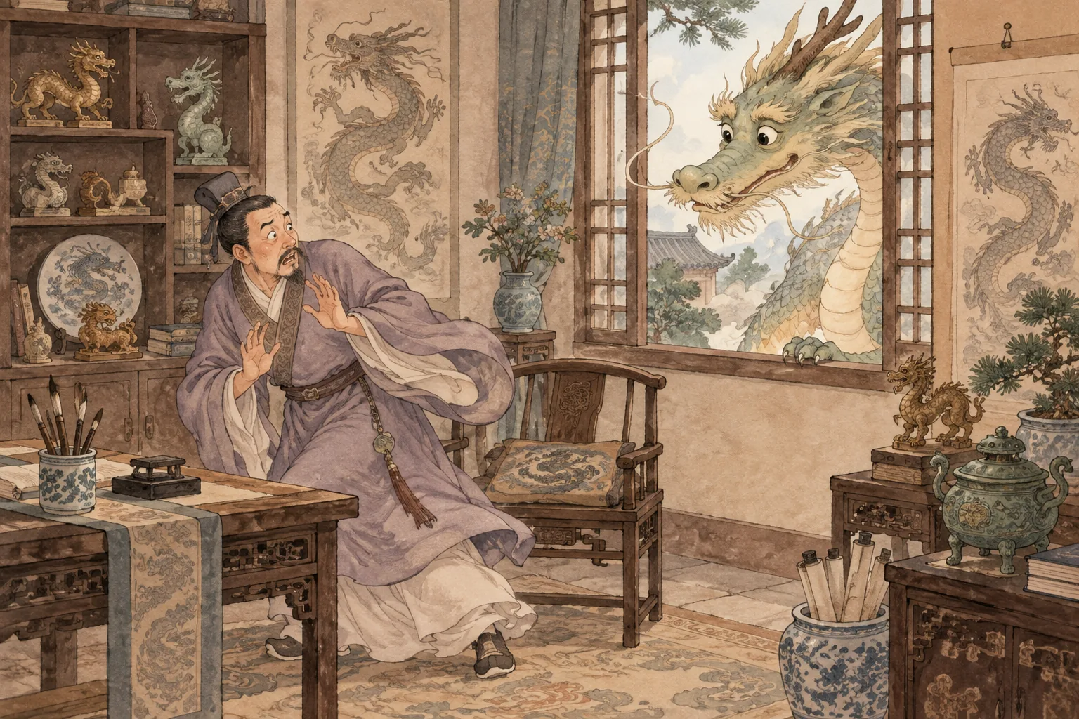 Chủ nhà sợ hãi khi rồng thật đến căn phòng có đồ trang trí rồng.