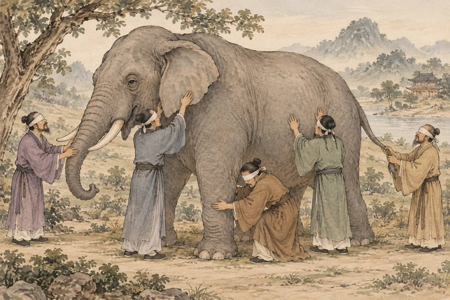 Một nhóm người cùng tìm hiểu các phần khác nhau của con voi.